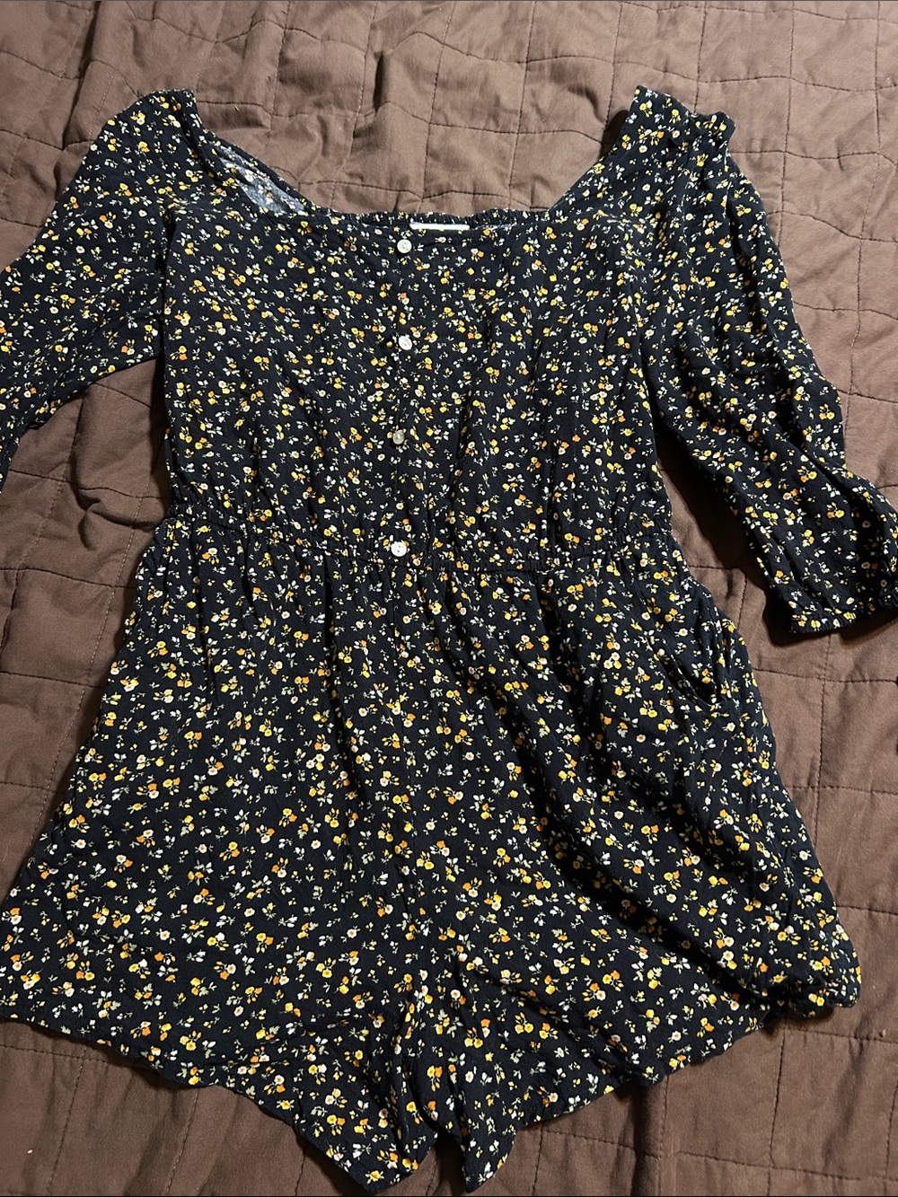 Arizona Jean Company Black Romper with Yellow & White Floral Print